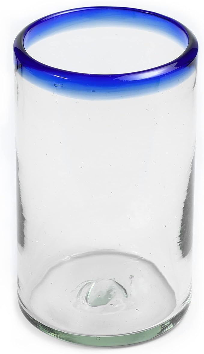 Drinking glass Large (Mexican Mouth Blown) - Blue rim 