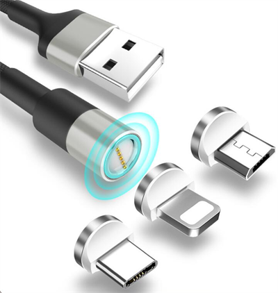 3 i 1 USB Magnetisk oplader- og datakabel 2 meter Sølv ⎮ 5720200430050 ⎮ EP_000246 