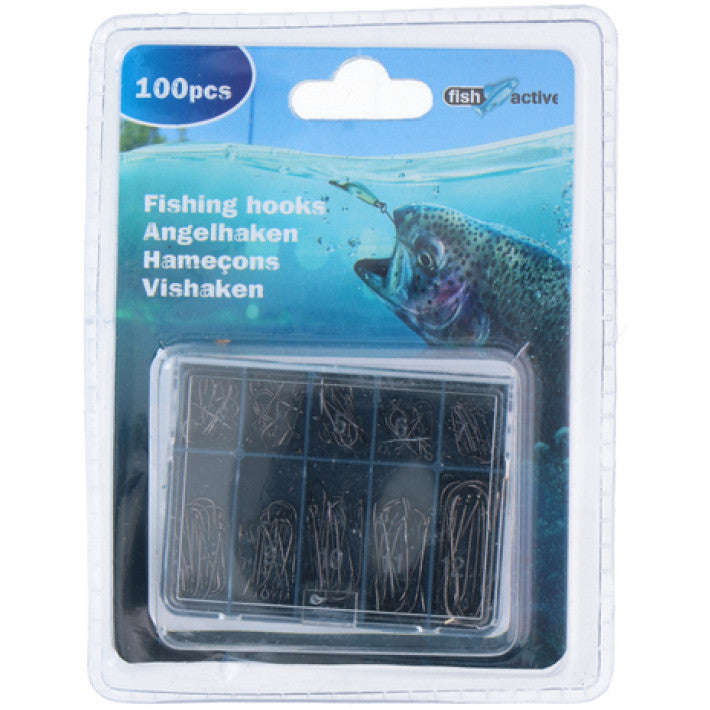 Fish &amp; Active - 100 Fishing hooks in 10 sizes