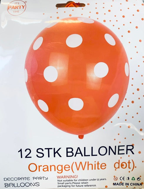 Its Party Time - Prikke balloner 12stk Orange med hvid 30cm - Dollarstore.dk