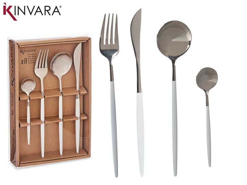 Kinvara - Premium bestiksæt sølv metal med hvid tag 8stk 2 smørkniv 2 spiseske 2 gafler 2 teske
