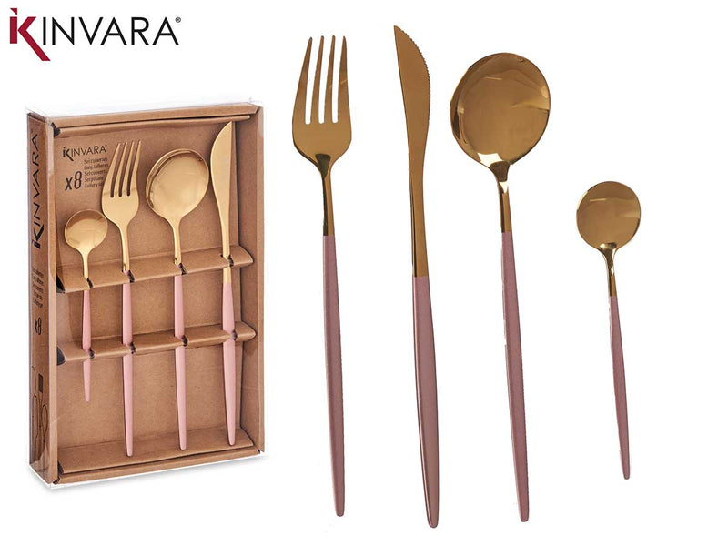 Kinvara - Premium bestiksæt guld med Rosenguld tag 8stk  2 smørkniv 2 spiseske 2 gafler 2 teske