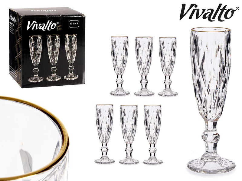 Vivalto - 6stk hærdet champegneglas med guld top 170ml