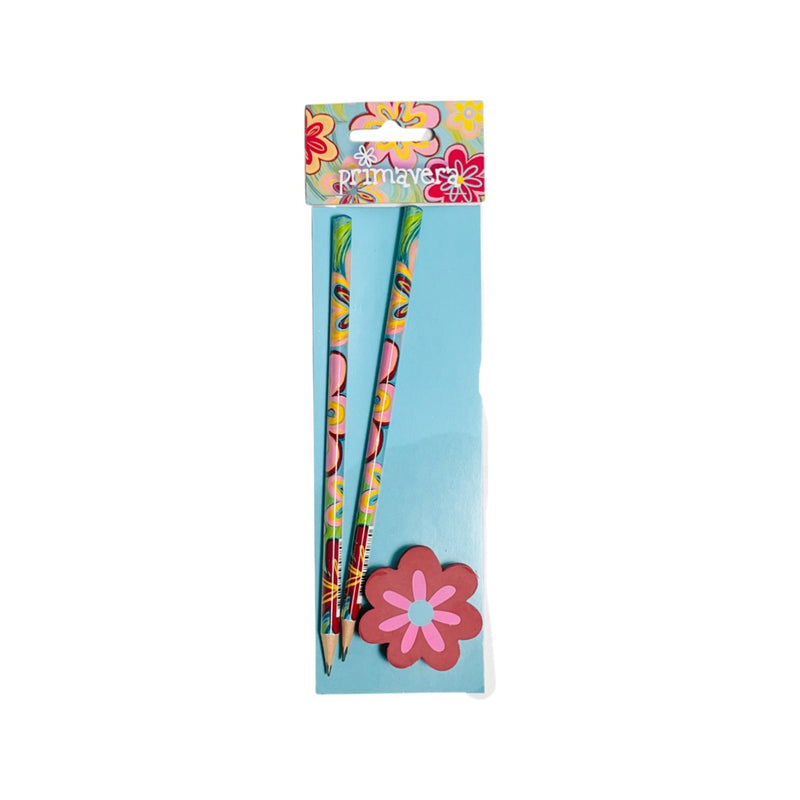 Primavera - Pencil &amp; Eraser Set - Flowers Theme - 2 Pencils &amp; 1 Eraser